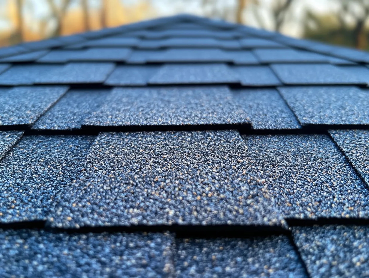 Close-up of asphalt shingles showing their texture and granule coating.