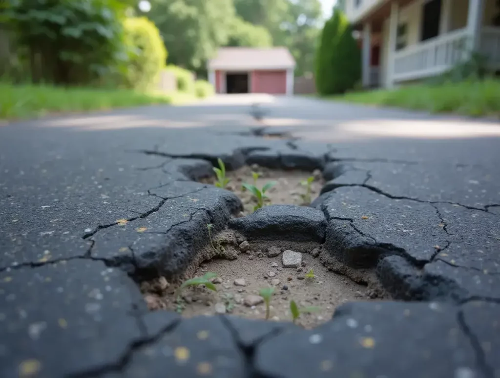 Old asphalt driveway with cracks and potholes