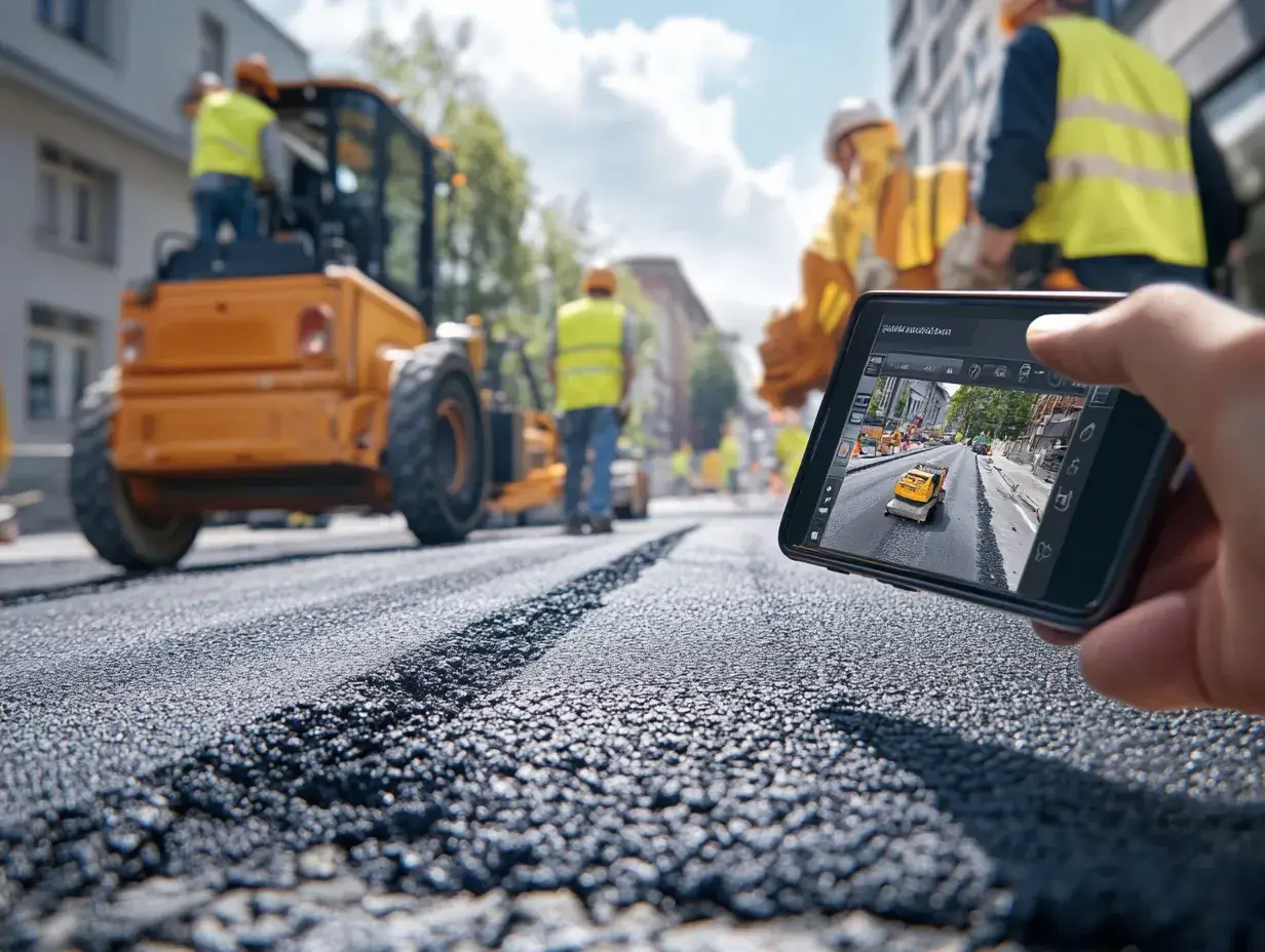 A realistic construction site during daytime showing workers measuring a paved asphalt road with a smartphone app open.