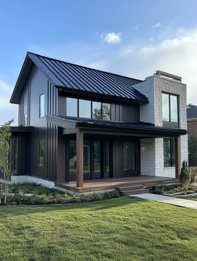 Modern home featuring a sleek standing seam metal roof. metal roof vs asphalt shingles