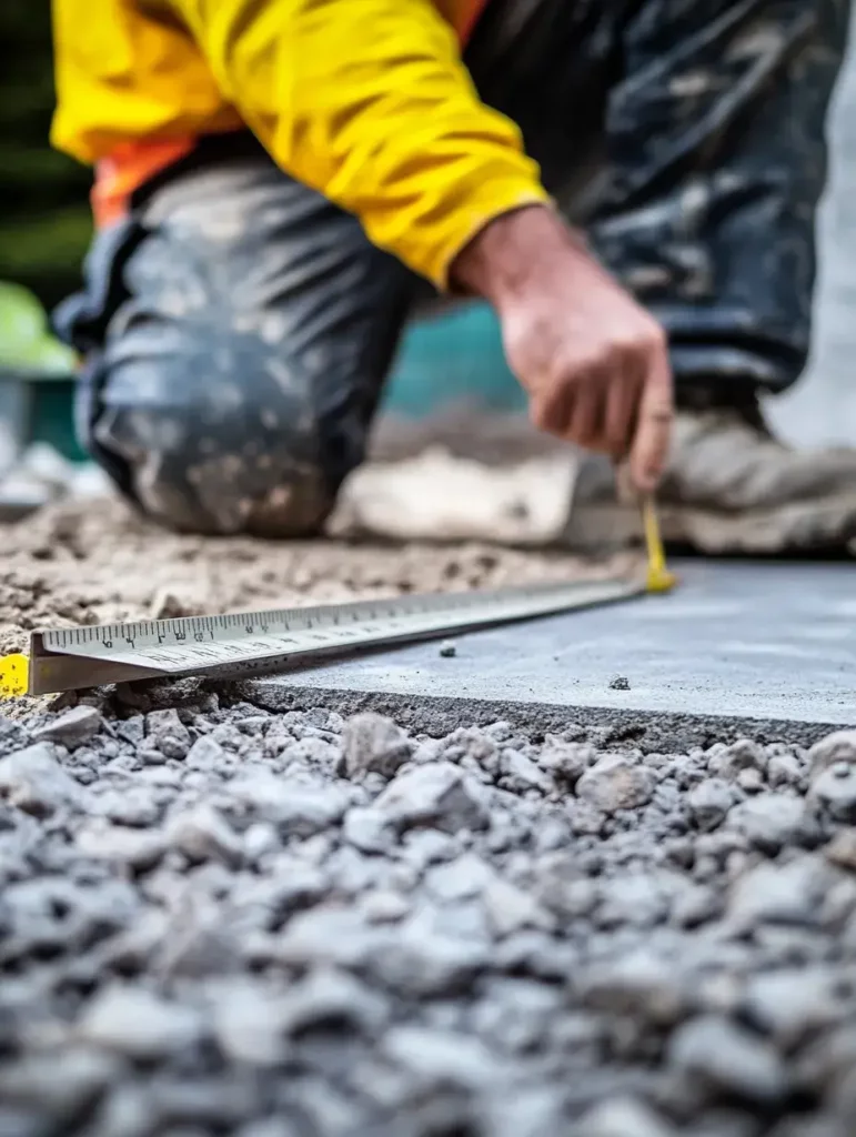 Worker inspecting a prepared base layer for paving.
