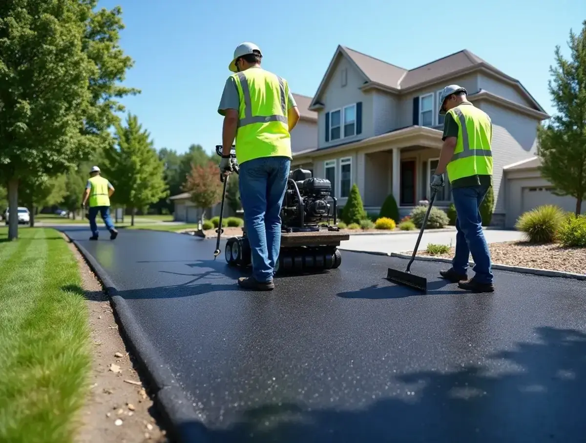 Workers paving a driveway with fresh asphalt