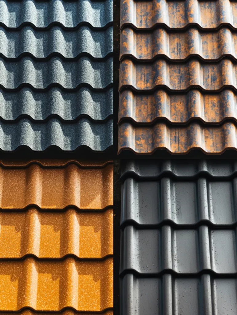 Four types of metal roofing (standing seam, shingles, tile, and corrugated) displayed side by side.