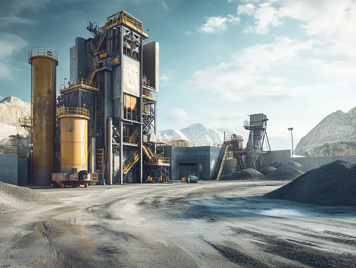 A construction site with hot mix asphalt ingredients being mixed at an asphalt plant.